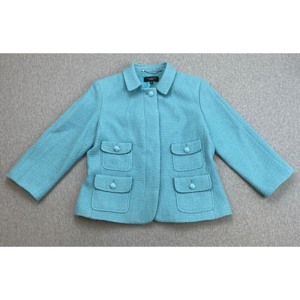 Talbots‎ Jacket Womens 10 Blue Wool Blend Twill Pockets Snap Closure 3/4 Sleeve